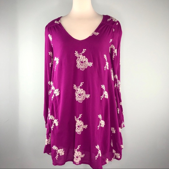 Free People Purple Emma Embroidered Floral Dress Size XS Tunic Swing Boho White - Picture 2 of 8